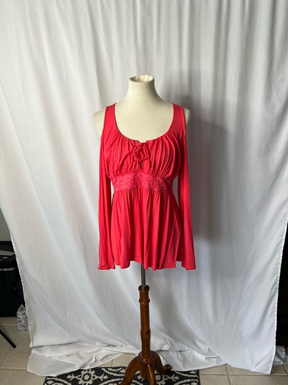Boston Proper Coral Red Lace Trim Tank Top | Cold Shoulder Babydoll Blouse |